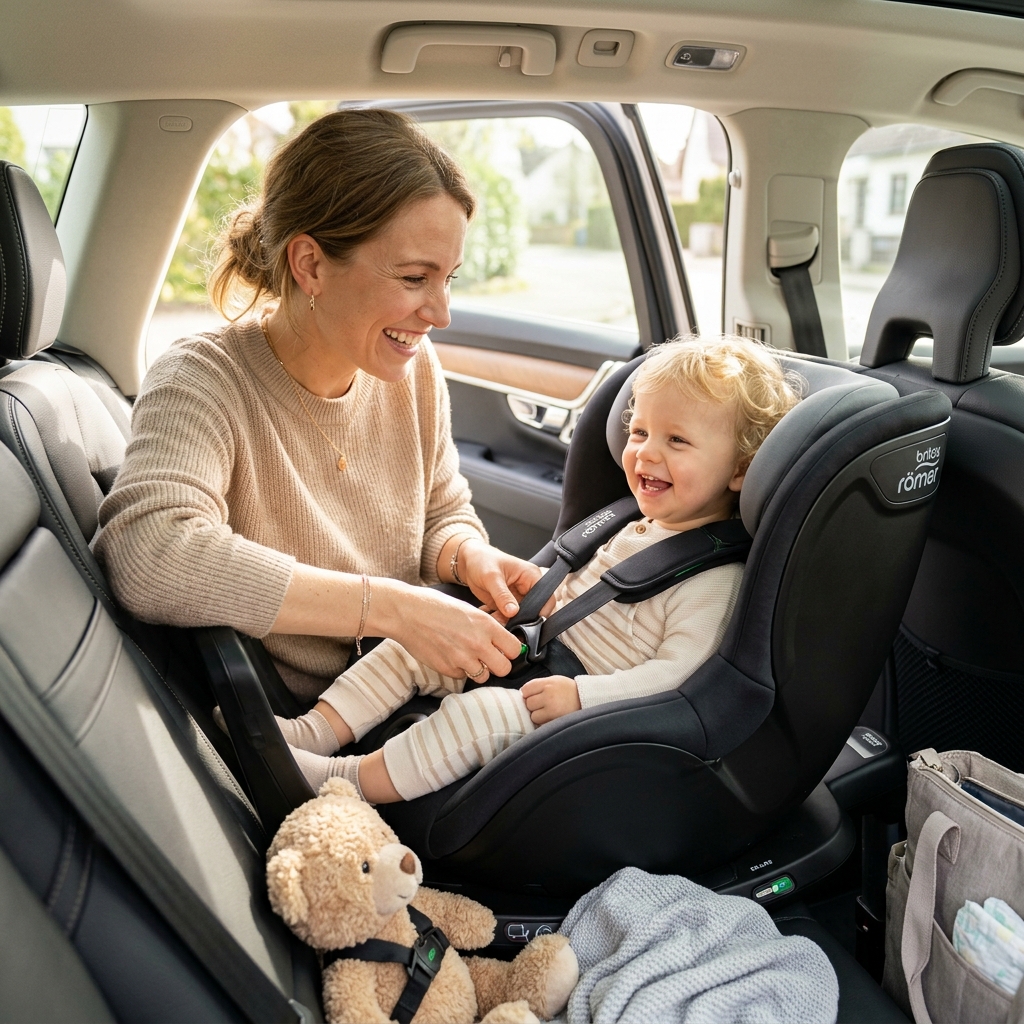 Sicherer Kindersitz mit glücklicher Mutter